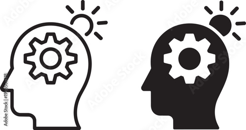 Human Head Profile With Gear Inside And Sun Rays Above, Line And Solid Icons