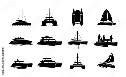 Catamaran and Sailing Yacht Silhouette Icon Set, Marine Boat Collection