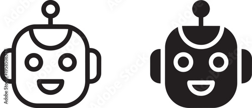 Line Art And Filled Robot Head Icons, Front View Of Friendly Faces