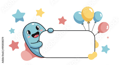 A cheerful cartoon character peeking out from behind a colorful frame surrounded by pastel-colored balloons and stars on a white background for an April Fools' Day social media celebration