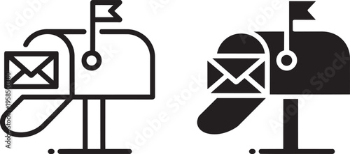 Mailbox Icons With Envelopes, Line Art And Solid Fill Illustrations