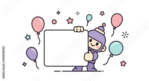 A cheerful cartoon character in a purple outfit holds a blank sign surrounded by colorful balloons and stars on April Fools' Day