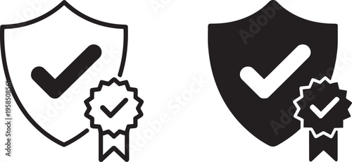 Shield With Check Mark And Badge Outline Solid Filled Icon Set