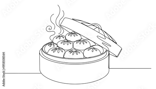 Dim sum dumplings in bamboo steamer continuous line drawing, traditional asian food steamed baozi xiaolongbao one line art, minimalist kitchen vector illustration