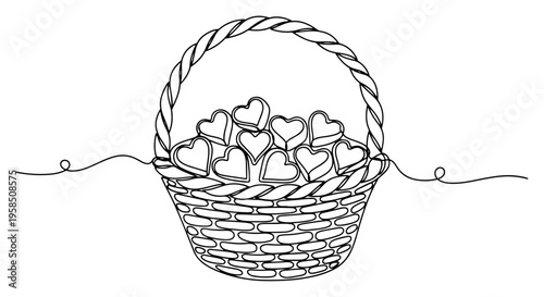 Wicker basket full of hearts continuous line drawing, romantic gift for Valentine's Day or Mother's Day, minimalist love symbol one line art vector