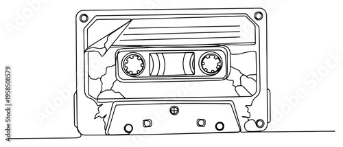 Vintage audio cassette tape continuous line drawing, retro music record player analog technology one line art, 90s nostalgia minimalist vector illustration