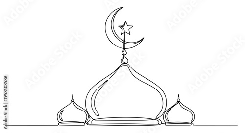 Mosque domes with crescent moon and star continuous line drawing, Islamic religious architecture for Ramadan Kareem or Eid Mubarak one line art vector
