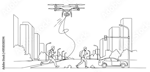 Drone flying over city street with people running continuous line drawing, urban lifestyle with modern technology and surveillance one line art vector