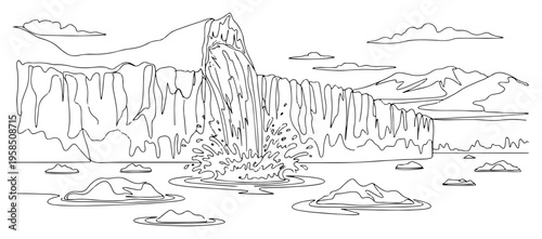 Melting glacier and iceberg in ocean continuous line drawing, global warming and climate change concept one line art minimalist arctic landscape vector illustration