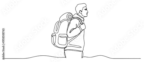 Man with backpack hiking continuous line drawing, traveler trekking in nature one line art, minimalist outdoor adventure vector illustration