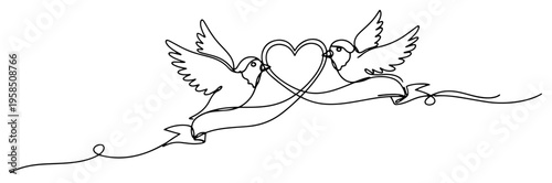 Two birds flying with heart and ribbon continuous line drawing, wedding love symbol or valentines day one line art, minimalist romantic vector illustration