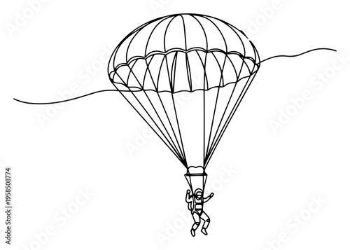 Skydiver with parachute continuous line drawing, extreme sport paragliding one line art, minimalist adventure flight vector illustration