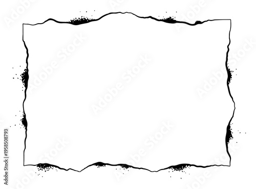 Torn paper edge frame with grunge splatters continuous line drawing, rectangular border for message or photo one line art, minimalist distressed vector illustration