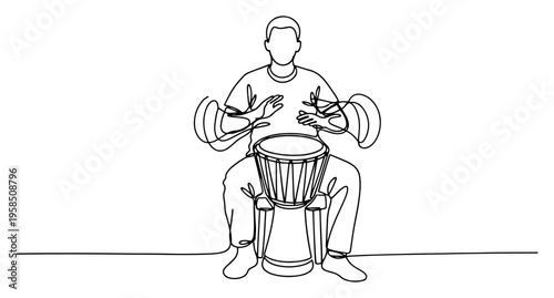 Man playing djembe drum continuous line drawing, musician performing with percussion instrument one line art, minimalist ethnic music vector illustration