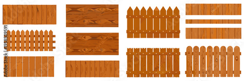 A set of flat vector illustrations of wooden fences, different styles including picket fence, horizontal plank fence, and rustic wood panels, warm brown tones, visible wood grain texture.