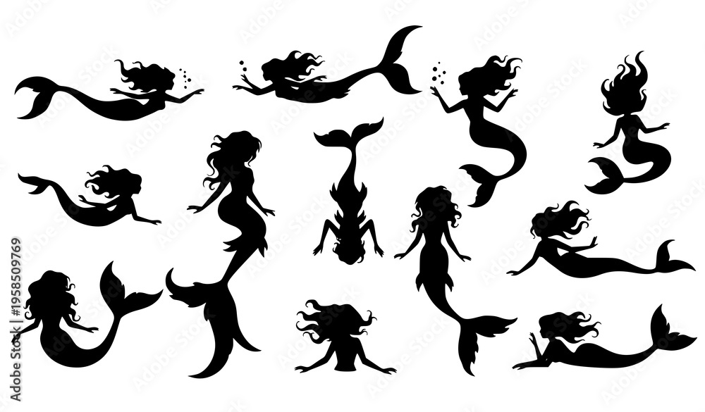 Fototapeta premium Fantasy mermaid silhouette icons sea creature vector collection isolated on white background
