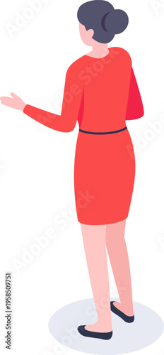 Woman presenting information, explaining a concept, isometric view