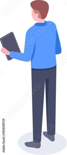 Person standing holding digital tablet vector illustration