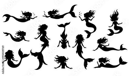 Fantasy mermaid silhouette icons sea creature vector collection isolated on white background