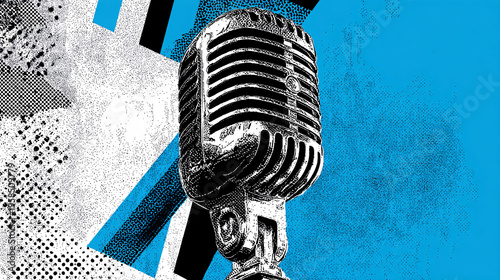 Microphone silhouette fragmented and rotated diagonally, misaligned cut edges, riso dots, bold paper shadows, Cool Blue accent strips