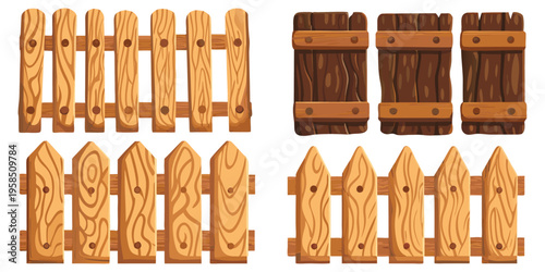 Cartoon-style wooden fence pack with diverse designs, including narrow pickets, wide planks, and decorative tops, detailed wood texture, evenly spaced composition