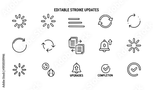Software update and installation progress outline icon set editable stroke vector isolated on white