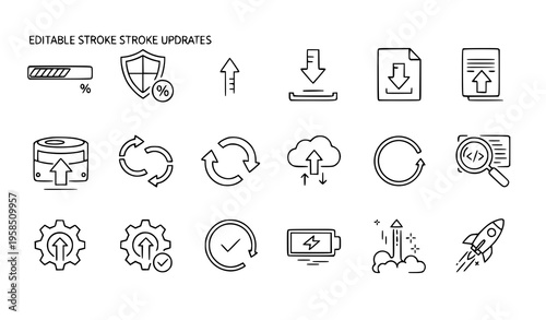 Update upgrade progress bar install outline icons editable stroke software process vector isolated on white