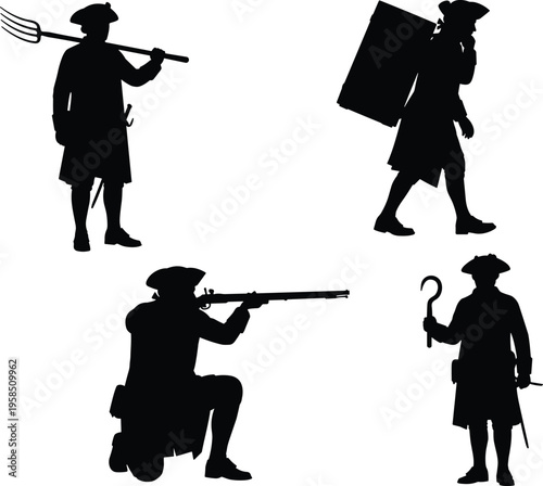 Colonial, soldier, silhouette, set, featuring, revolutionary, war, figures, with, musket, pitchfork, pack, and, tools, for, historical, military, or, vintage, projects.