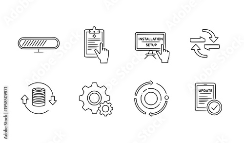 Update upgrade install progress bar editable outline icons technology vector set isolated on white