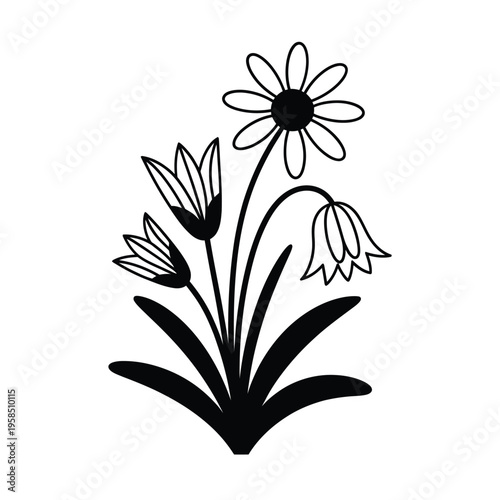 Simple black and white illustration of a daisy and snowdrop flower arrangement