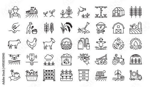 Agriculture icons: farming, crops, livestock, rural life, organic