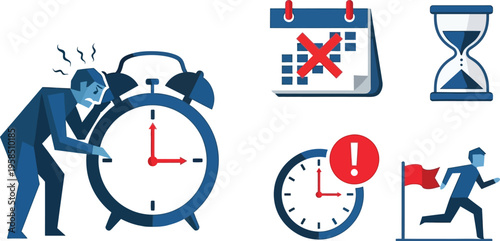 Business Deadline and Time Pressure Scene Set with Stressed Businessman, Alarm Clock, Hourglass, Missed Calendar and Finish Line Runner, Flat Vector Illustration