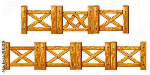 Collection of  rustic cartoon wood fences, different styles including crossed X pattern, vertical planks, horizontal rails, golden oak tones, bold dark outlines,  game asset vector art