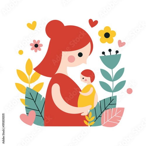 Mother Holding Baby in Floral Surroundings.