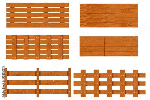 Digital illustration of various wooden fence types arranged in a grid, including vertical and horizontal planks, rustic and polished styles, detailed wood texture, light brown palette