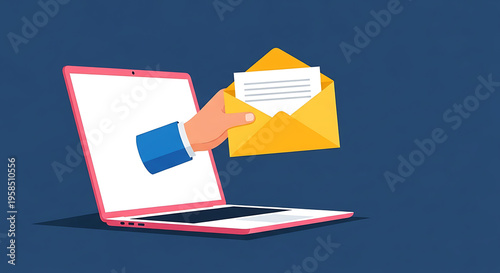 A hand holding a card interacts with an open laptop sending an envelope.