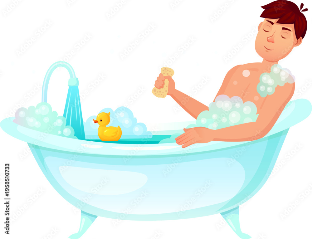 Naklejka premium Man enjoying a relaxing bubble bath with rubber duck