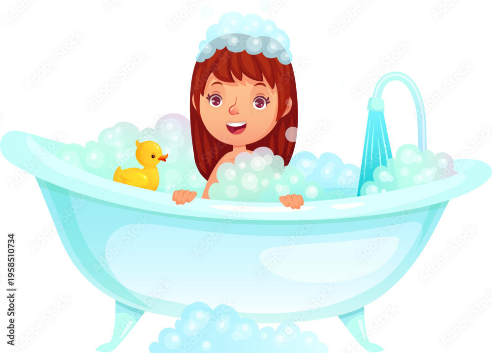 Naklejka premium Happy girl enjoying bubble bath with rubber duck