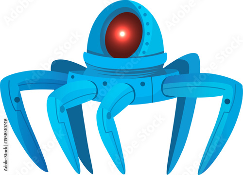 Blue spider droid with glowing red eye