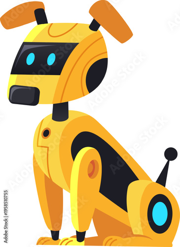 Yellow robot dog sitting as futuristic artificial intelligence pet