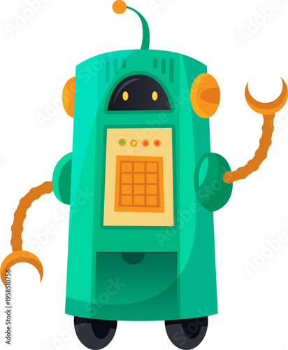 Green robot character waving arm with claw