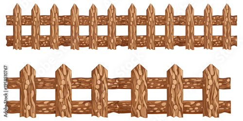 Set of  cartoon rustic wooden plank fences, irregular rough-cut boards, highly detailed dark brown wood grain texture, horizontal cross beam rails, uneven jagged plank tops, flat vector illustration