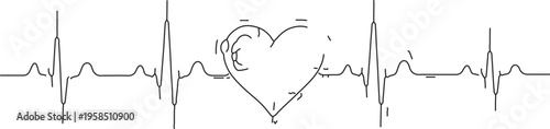 Hand drawn heartbeat ecg line art with love heart symbol