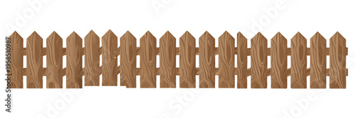 Set of stylized wooden fences with irregular vertical boards, each plank slightly bent and uniquely shaped, natural wood texture, flat vector illustration, soft shading