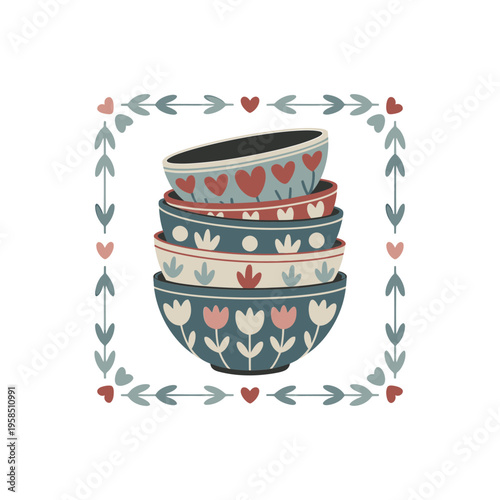 A stack of four patterned ceramic bowls framed by hearts and arrows