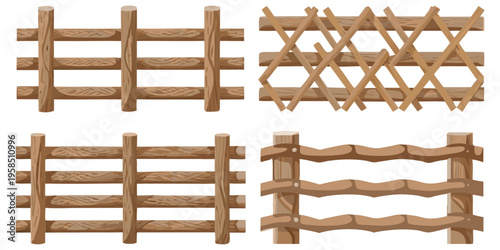 Set of rustic cartoon branch fences, natural twig posts with forked tips, horizontal wooden rail bars, warm brown wood texture, bold outlines,game design asset