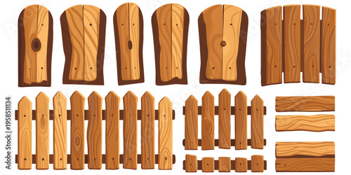Vector illustration set of wooden fences, multiple variations including picket, privacy, and lattice-style, consistent design, visible wood grain, warm brown tones, arranged neatly
