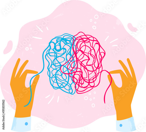 Hands untangling abstract brain forming psychological thought process