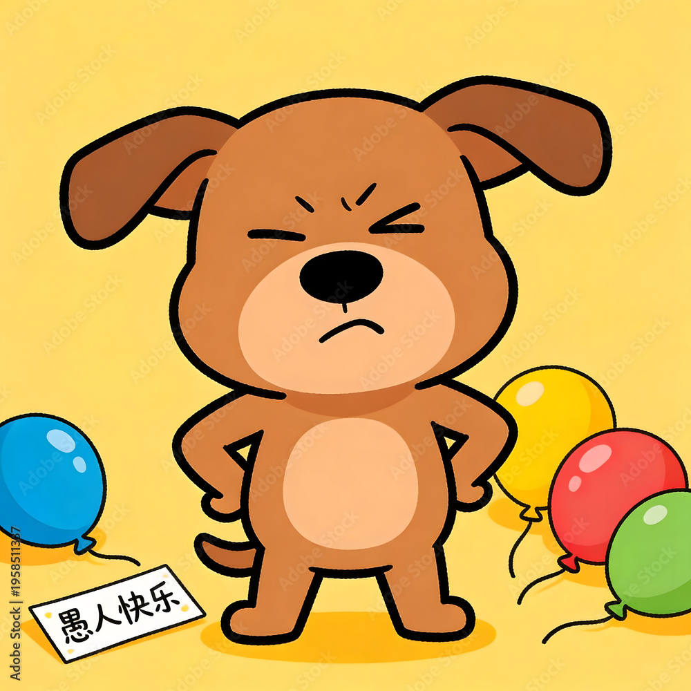 Obraz premium Angry brown cartoon dog with balloons on yellow background
