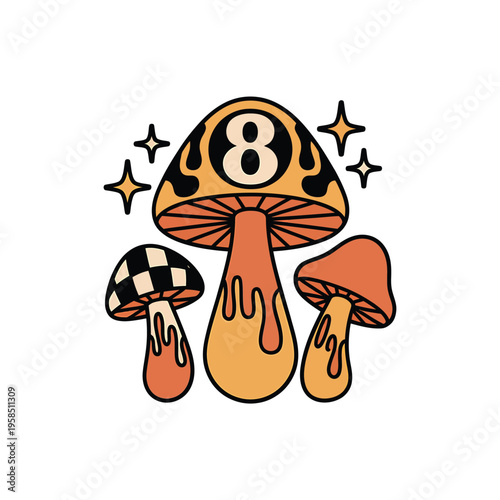 A whimsical illustration of colorful mushrooms with a prominent number eight